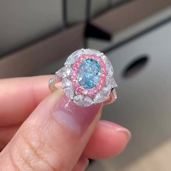 3.30tcw Oval Fancy Blue Lab-Grown Diamond Engagement Ring with Pink Round and Marquise Double Halo Pave