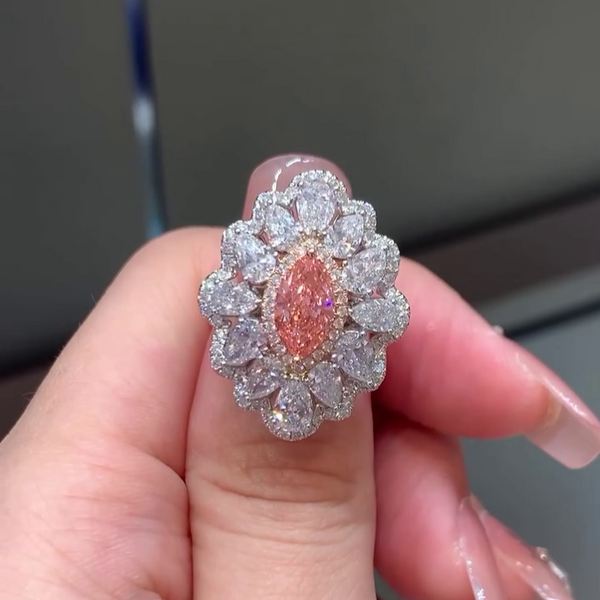 3.50tcw Marquise Fancy Pink Lab-Grown Diamond Engagement Ring with Pear and Round Halo, VS Clarity, IGI Certified